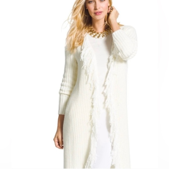 Western Boho bohemian 70s White Fringe Cardigan Sweater Chicos Size 16 (3) - Picture 3 of 11
